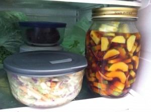 Cole Slaw and Pickles. In the refrigerator.